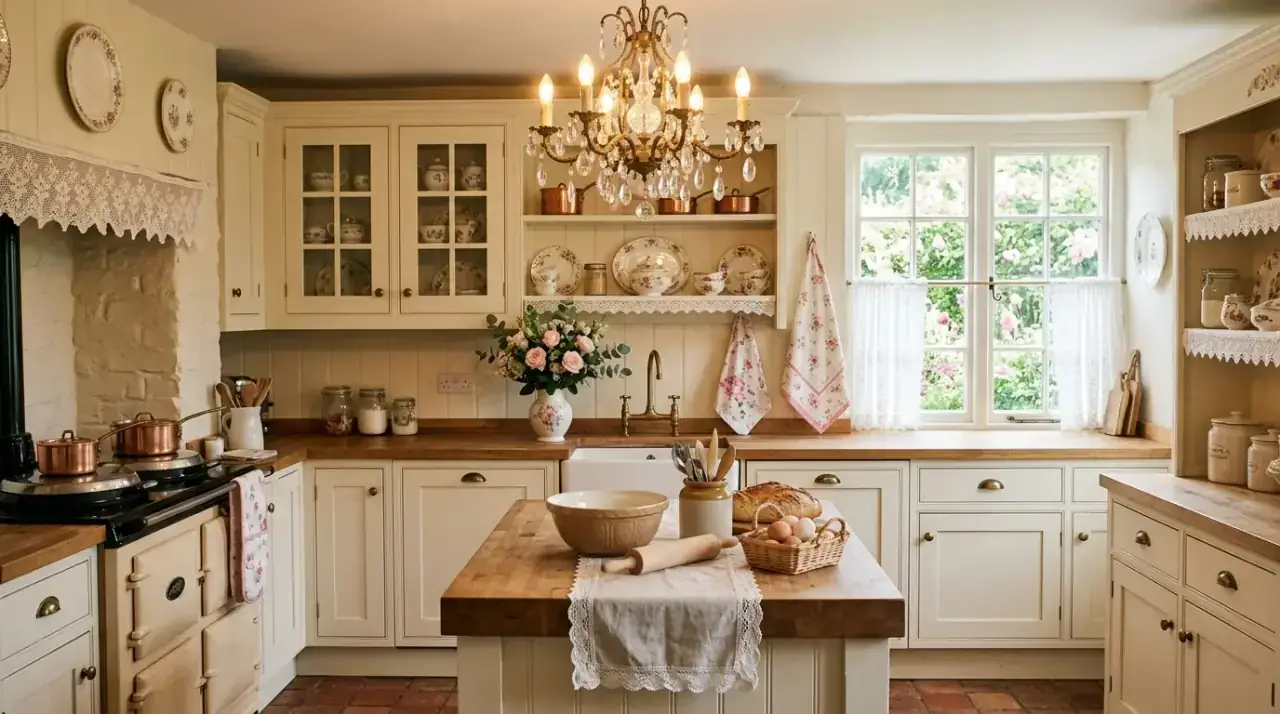 Cream walls cottage kitchen. Warm pale walls brightening a small country kitchen.