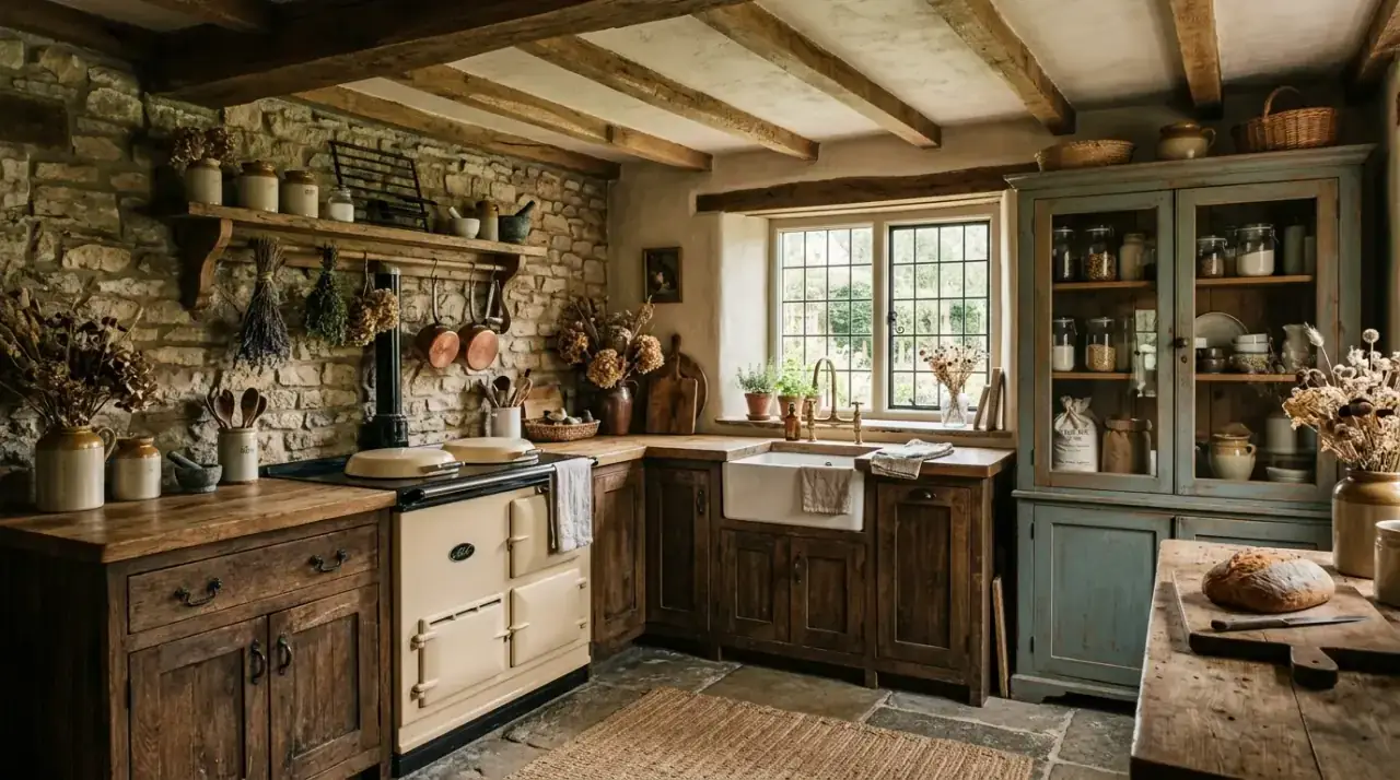 Cottage kitchen jars and crocks. Practical country kitchen pieces adding lived-in charm.