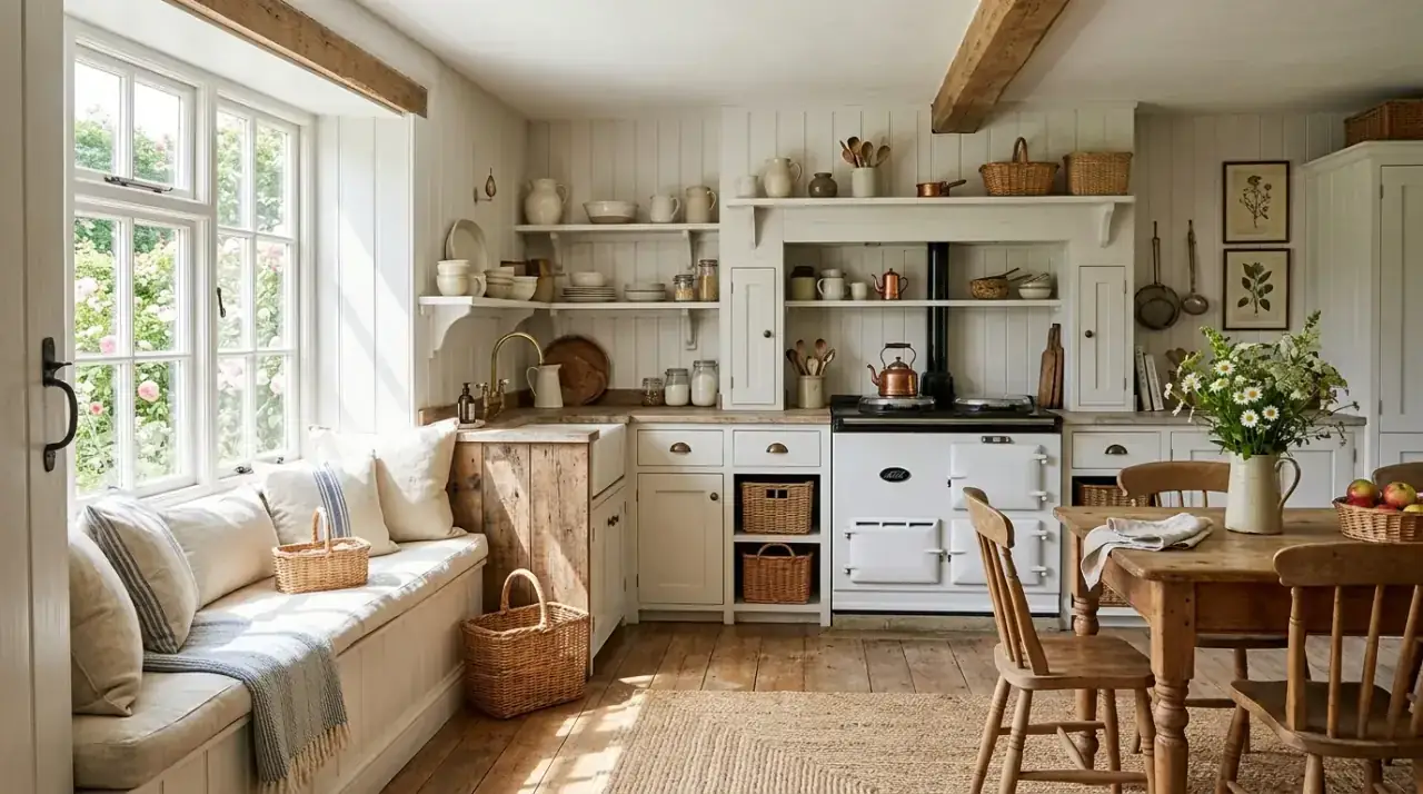 Runner in cottage kitchen. Soft floor textile bringing warmth to a compact country kitchen.