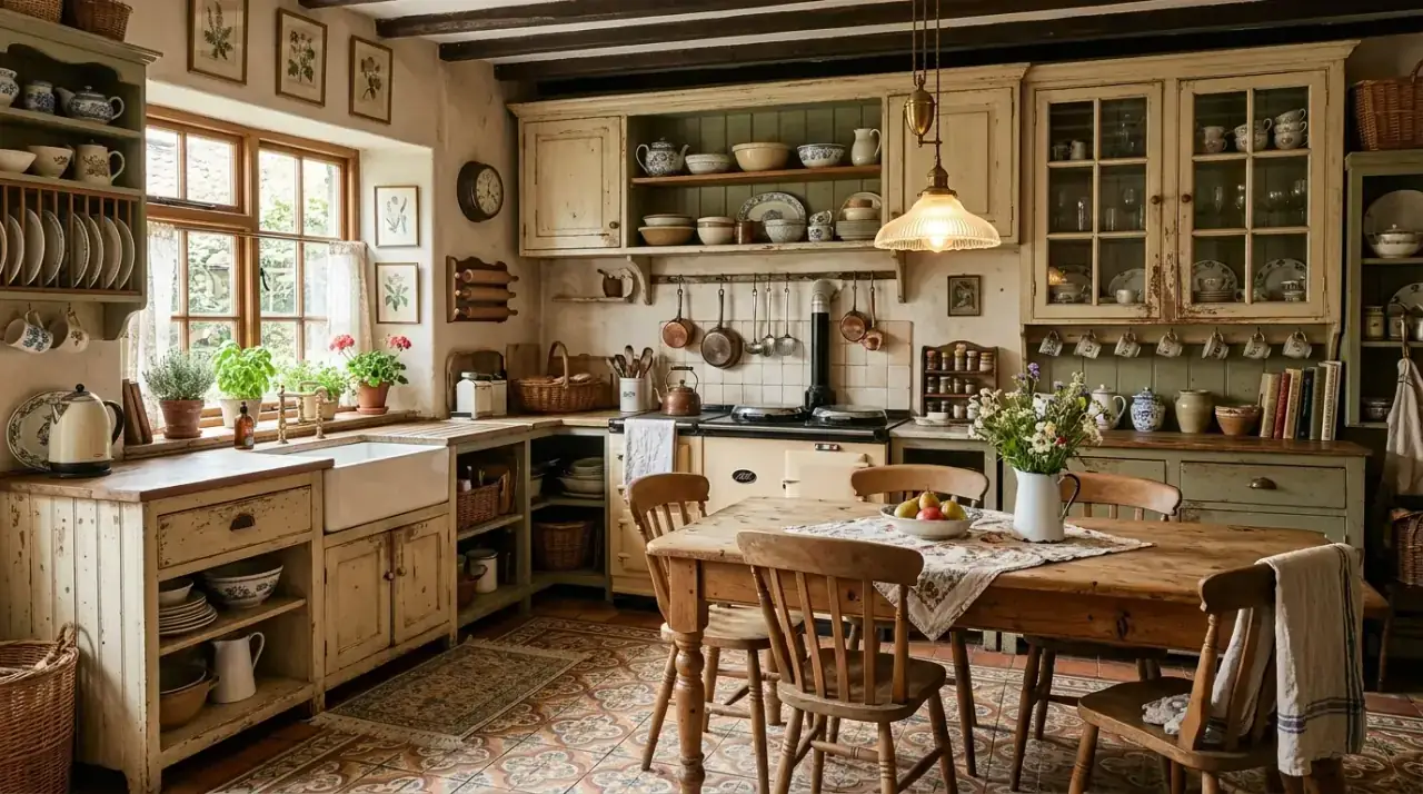 Plate rack cottage kitchen. Classic display storage adding country charm to the kitchen.