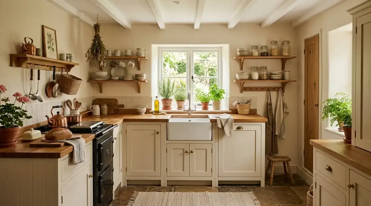 Organized cottage kitchen. Smart hidden storage preserving function in a charming small kitchen.