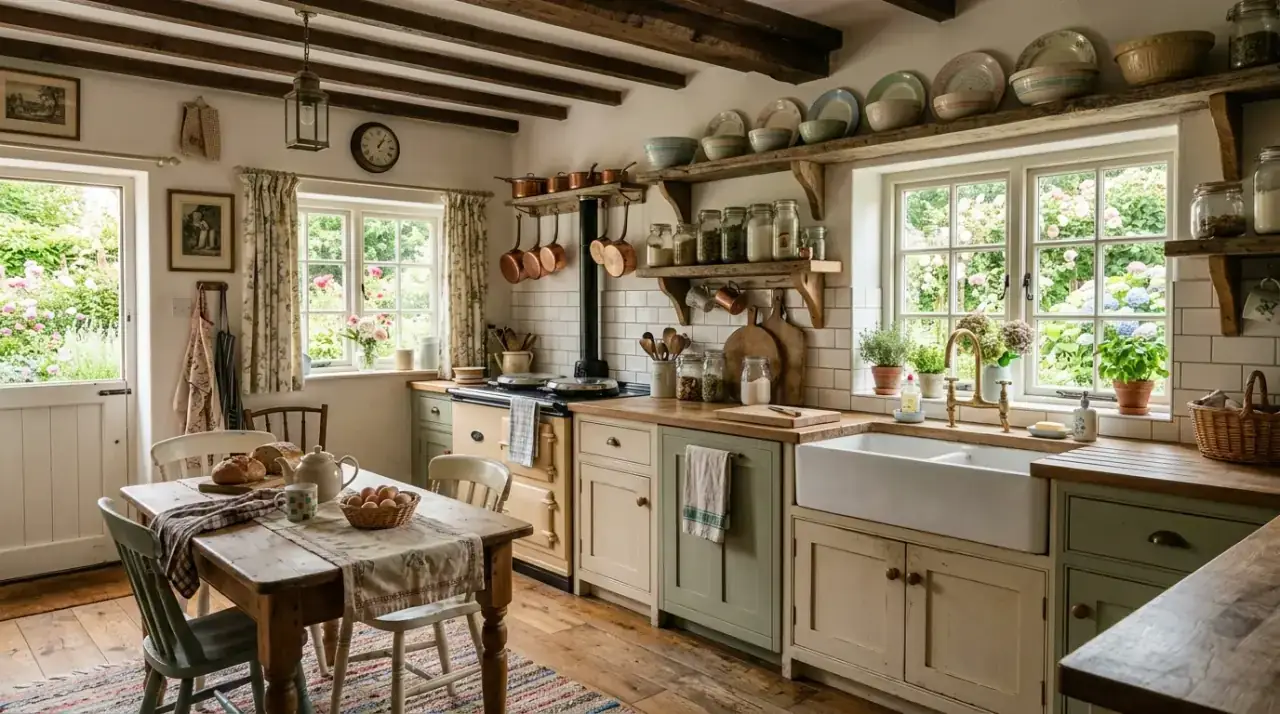 Cottage kitchen overview. Cozy country kitchen balancing charm, warmth, and practical small-space function.