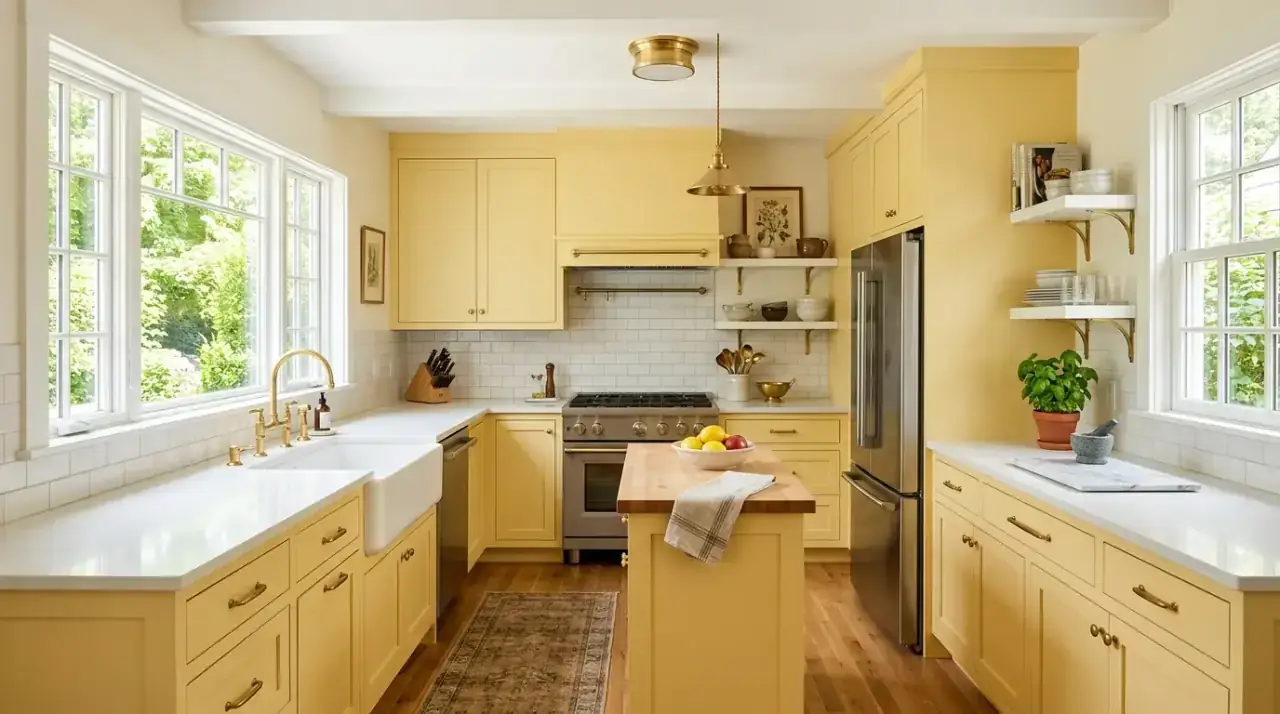 Cheerful yellow kitchen bringing sunny brightness and warmth into the cookspace.