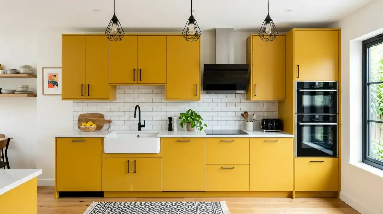 Yellow kitchen backsplash. Bright yellow tile backsplash creating a lively focal point in the kitchen.