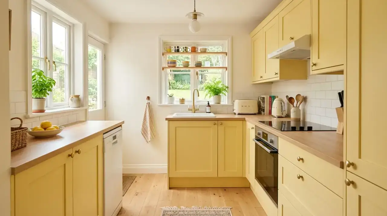 Yellow and white kitchen. Sunny kitchen combining bright yellow with crisp white surfaces.