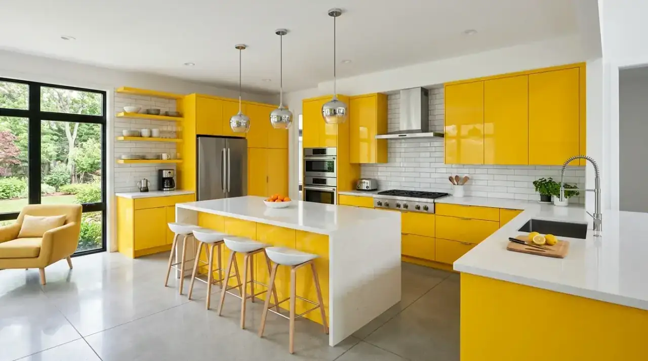 Yellow kitchen stools. Sunny yellow seating adding cheerful color to the kitchen island area.