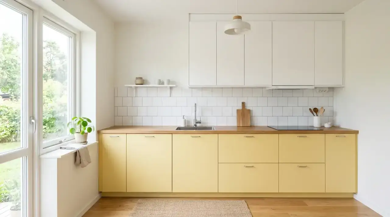 Yellow kitchen with wood. Cheerful yellow kitchen balanced by natural wood texture and warmth.