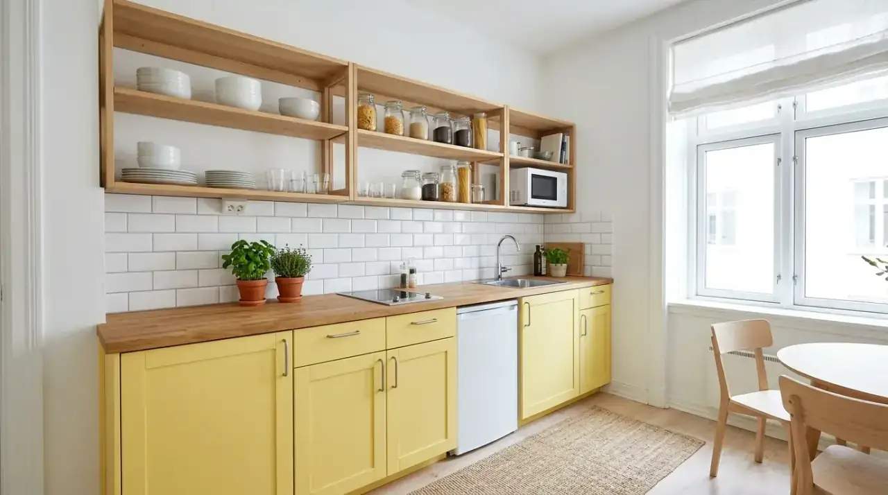 Yellow kitchen with brass. Sunny yellow kitchen paired with warm brass hardware and lighting.