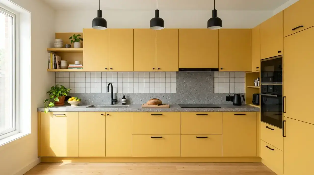 Yellow breakfast nook kitchen. Sunny breakfast nook with cheerful yellow details inside the kitchen.