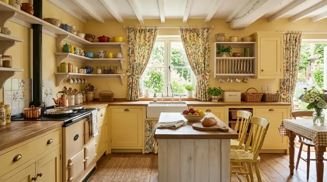Yellow ceramics kitchen shelves. Open kitchen shelving styled with sunny yellow dishes and accents.