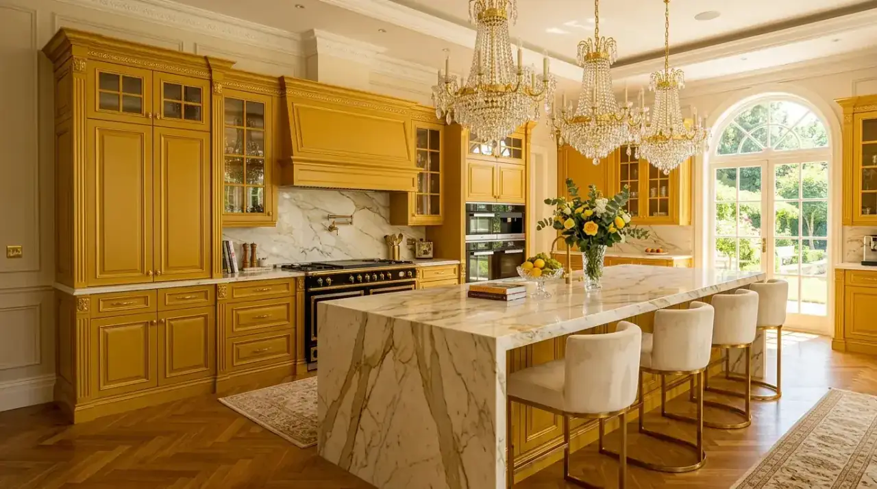 Balanced yellow kitchen palette. Cheerful yellow kitchen grounded by calm stone and neutral flooring.