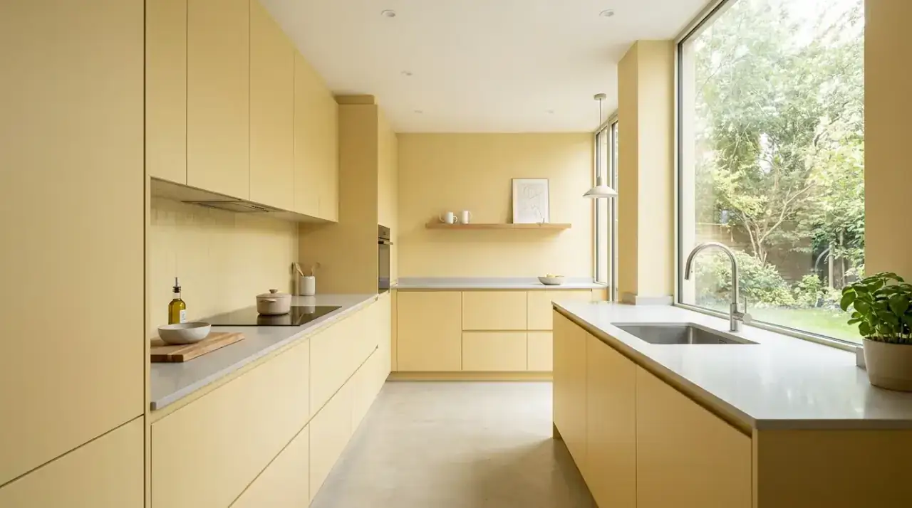 Yellow kitchen island. Sunny yellow island creating a cheerful focal point in the kitchen.