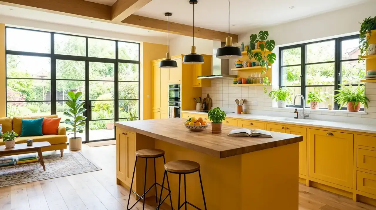 Yellow kitchen overview. Sunny bright kitchen using cheerful yellow for warmth and personality.