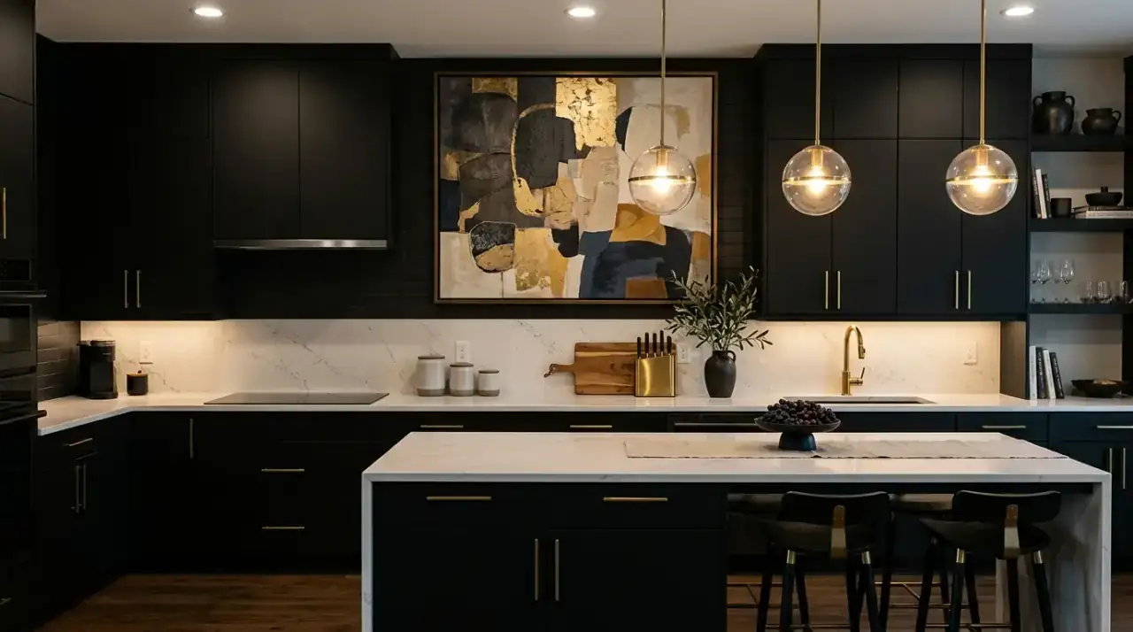 Large bowl decor in modern kitchen. Minimal but impactful styling improving a contemporary kitchen surface.