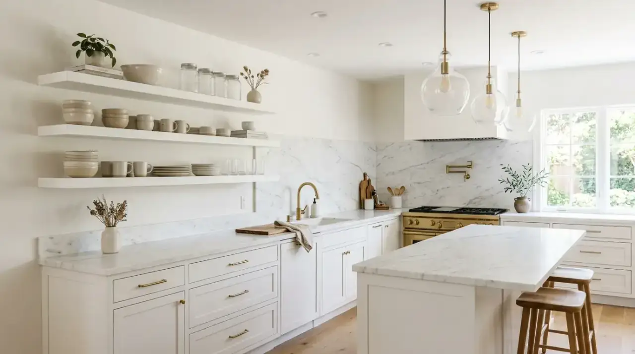 Wood accents modern kitchen decor. Natural material touches warming a sleek contemporary kitchen.