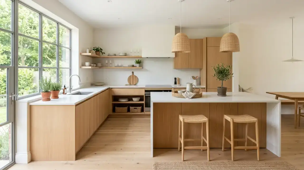 Styled modern kitchen shelves. Controlled open shelf decor helping a contemporary kitchen stay elegant.