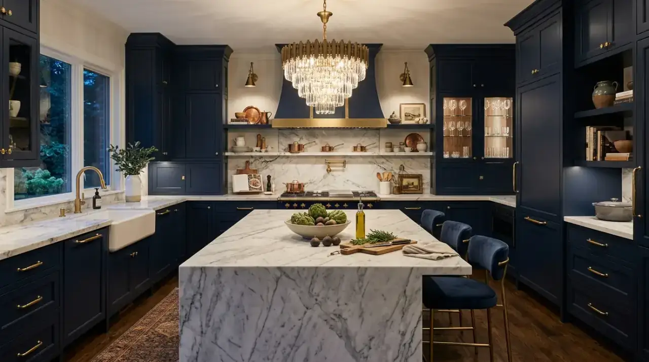 Statement pendant modern kitchen. Decorative lighting helping define a stylish contemporary kitchen.