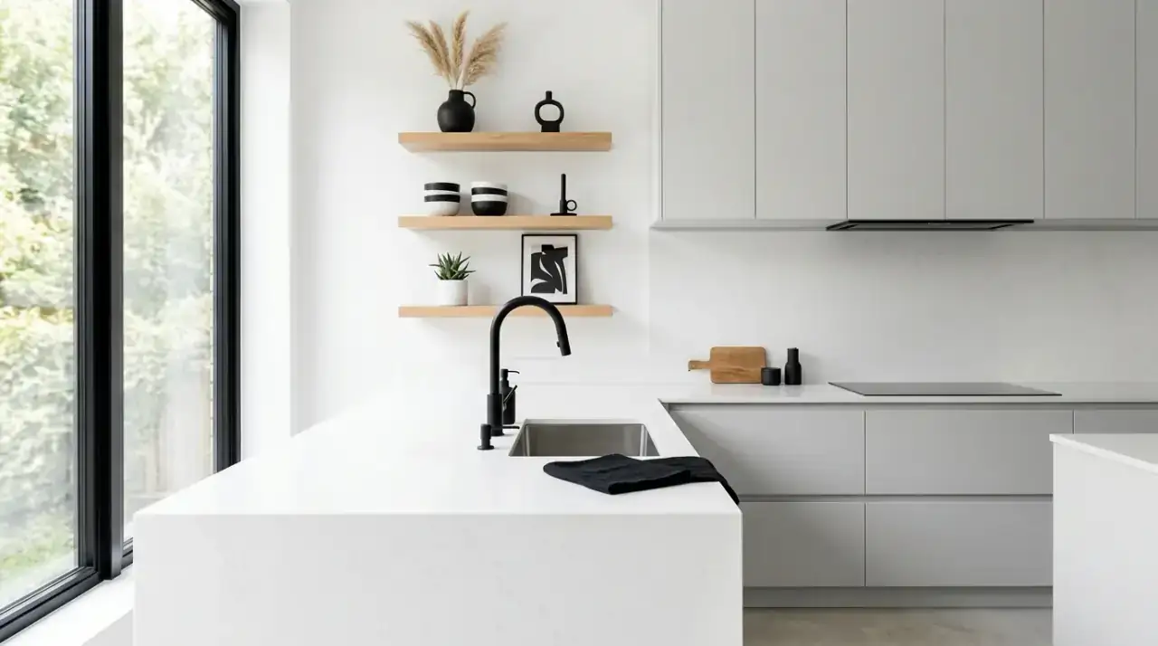 Art in modern kitchen decor. Carefully chosen wall art adding personality to a chic kitchen.