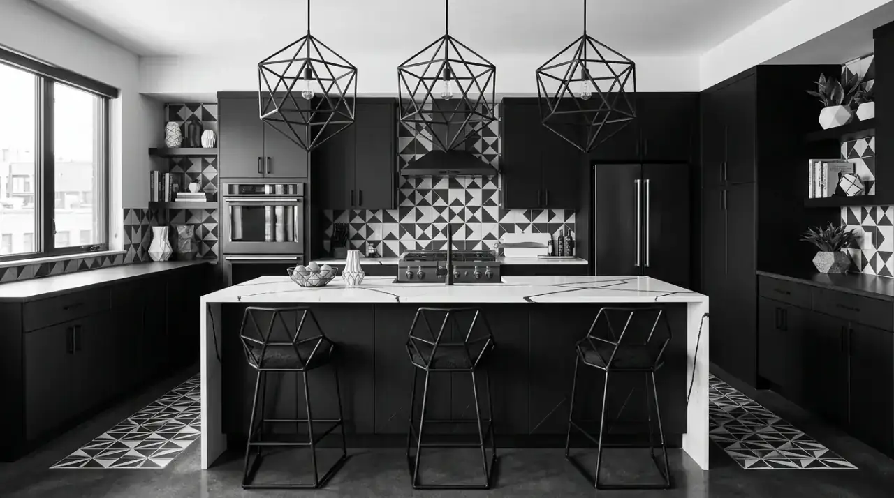 Styled table in modern kitchen. Dining surface decor coordinated with a stylish contemporary kitchen.