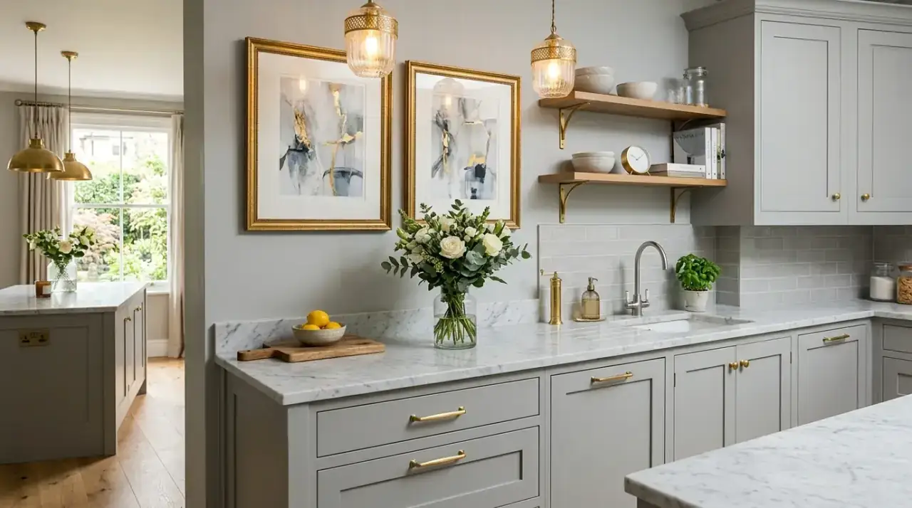 Modern coffee corner decor. Simple coordinated coffee station adding style to a contemporary kitchen.