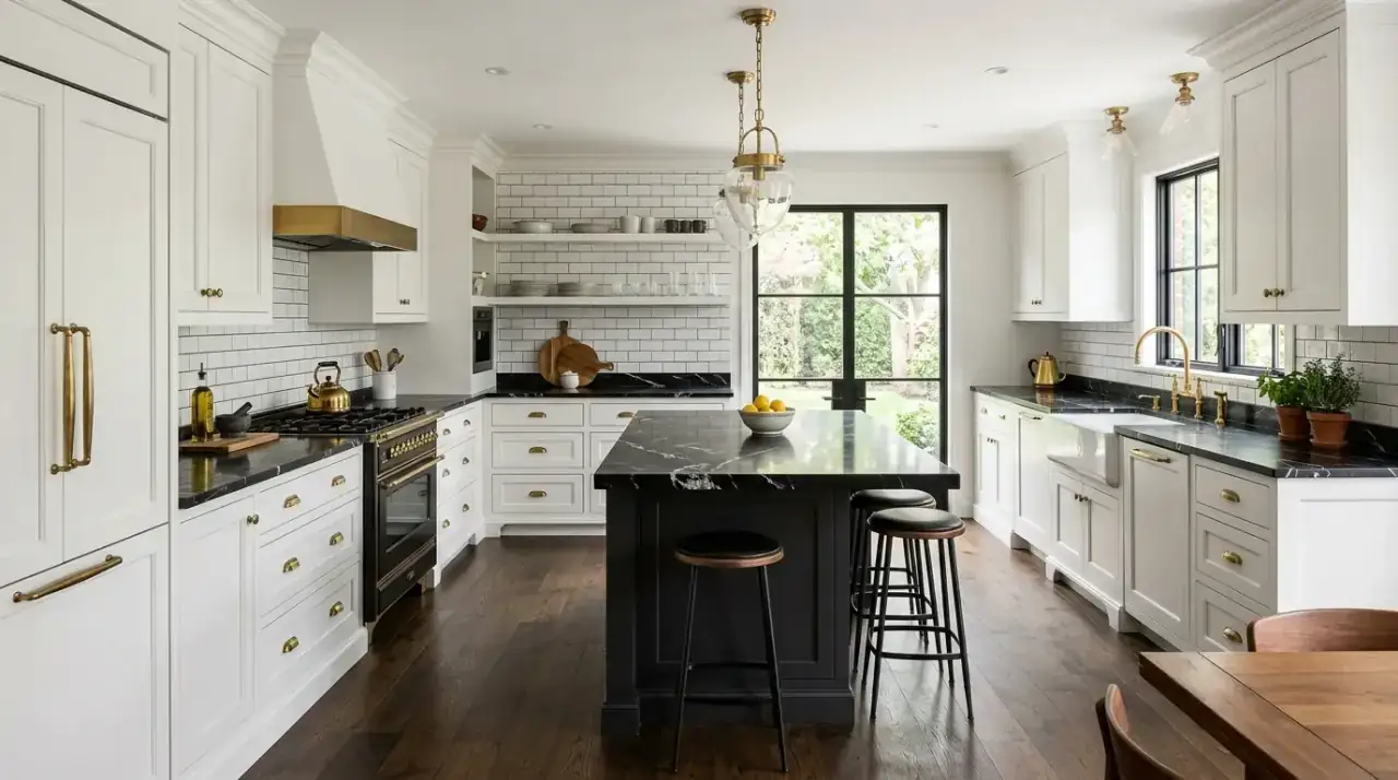 Classic black and white kitchen creating a modern interior design with clean contrast.