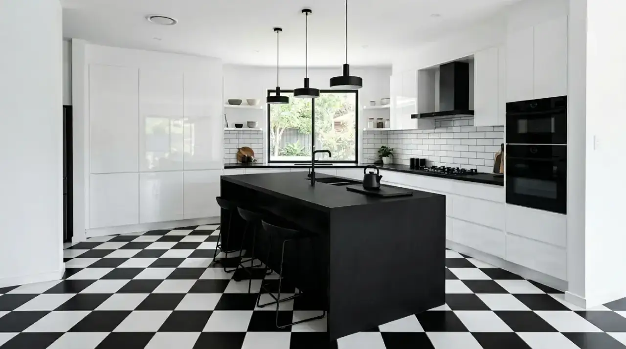 Black lower cabinets white uppers. Classic modern kitchen with black lower cabinets and white uppers.