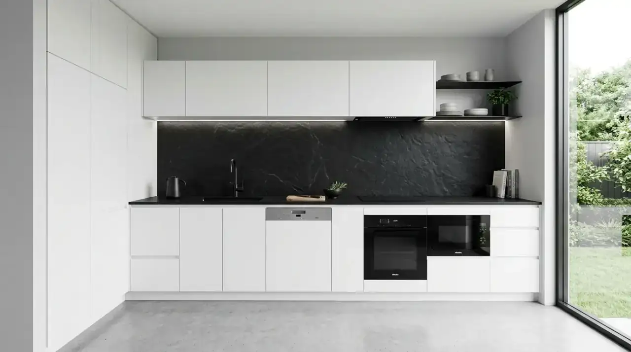 Black island in white kitchen. Modern black and white kitchen with a bold black island centerpiece.