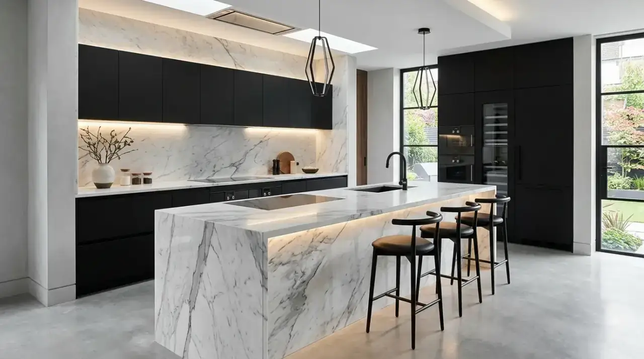 Wood in black and white kitchen. Classic black and white kitchen warmed by natural wood accents.