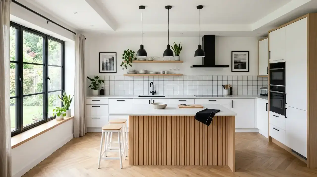 Matte black kitchen elements. Modern black and white kitchen using soft matte black finishes.