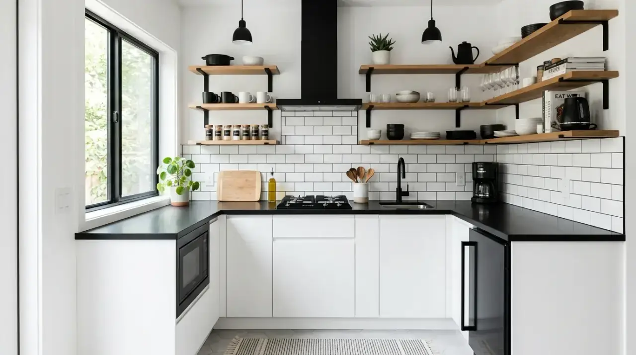 White counters black cabinets. Classic black and white kitchen with white counters against darker cabinets.