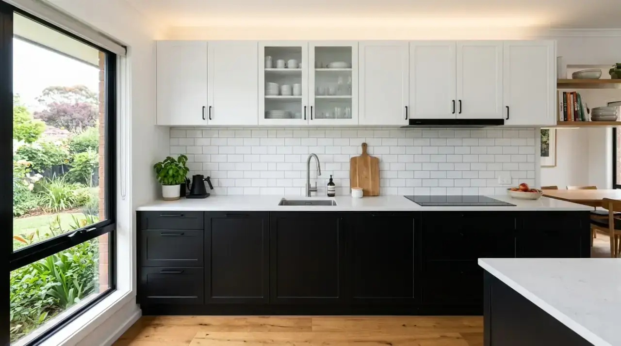 Black window frames kitchen. Modern black and white kitchen with strong black framed windows.