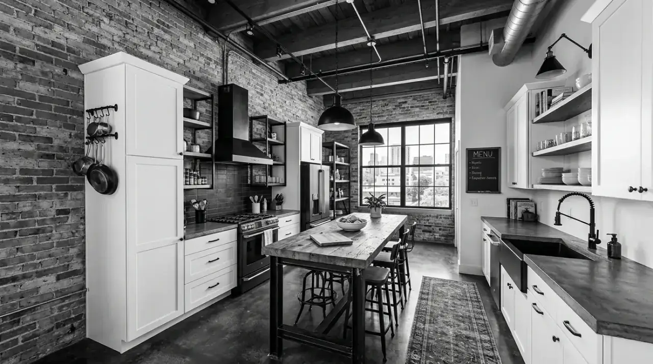 Checkerboard black white kitchen. Classic kitchen with patterned black and white floor and modern styling.