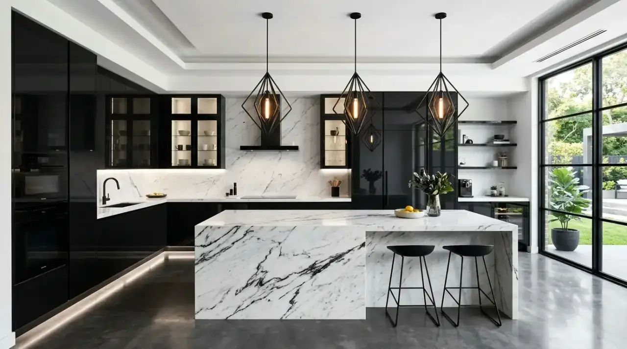 Edited decor black white kitchen. Modern black and white kitchen kept crisp with restrained styling.