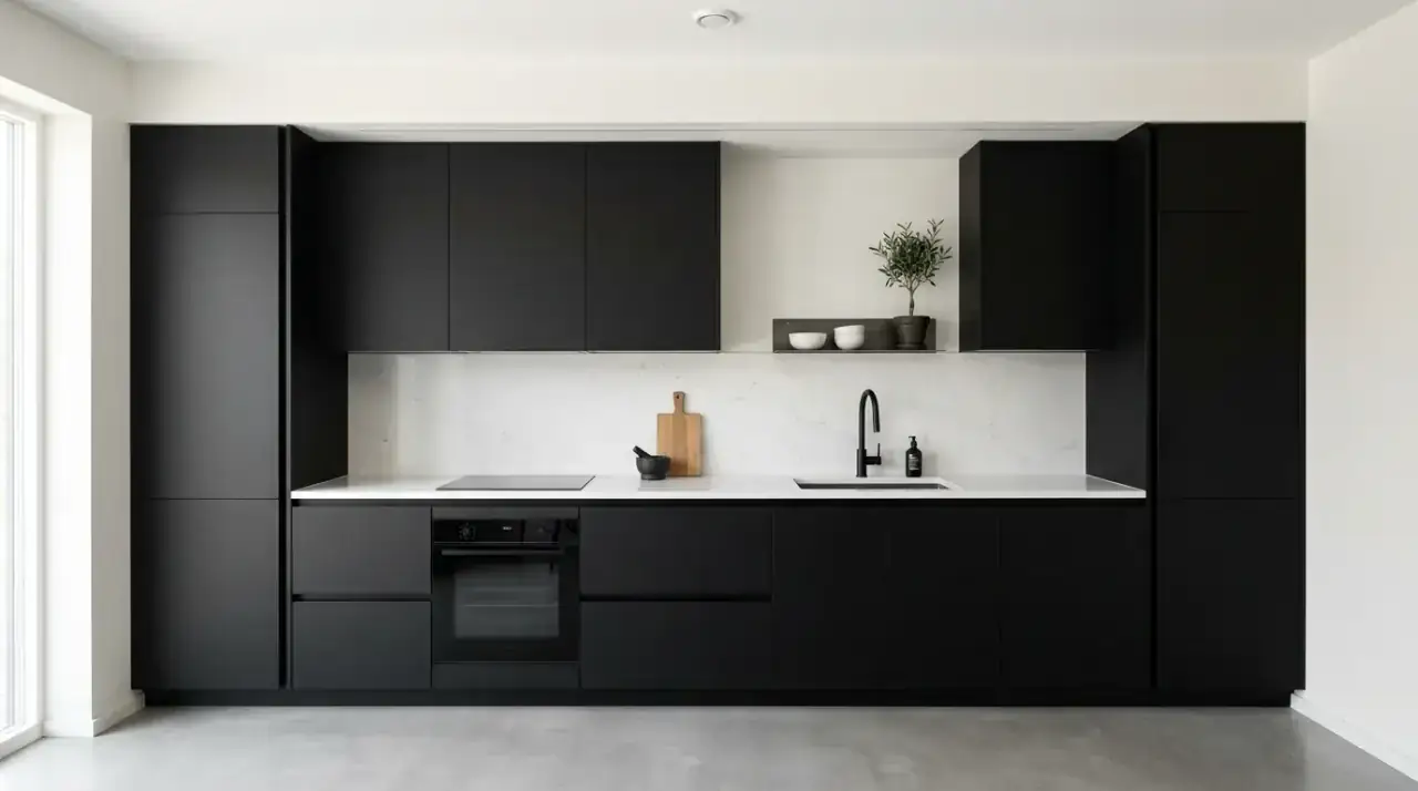 Glass and metal black white kitchen. Classic modern kitchen with black white palette and light glass details.