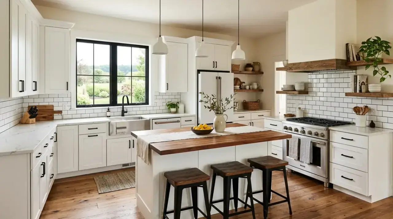 Off white black and white kitchen. Modern interior kitchen using black with softer off white tones.