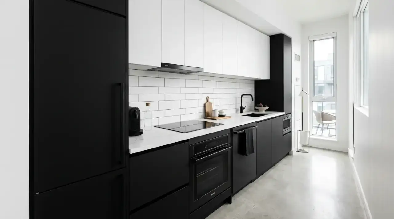 Open shelves in black white kitchen. Classic black and white kitchen softened with selective open shelving.