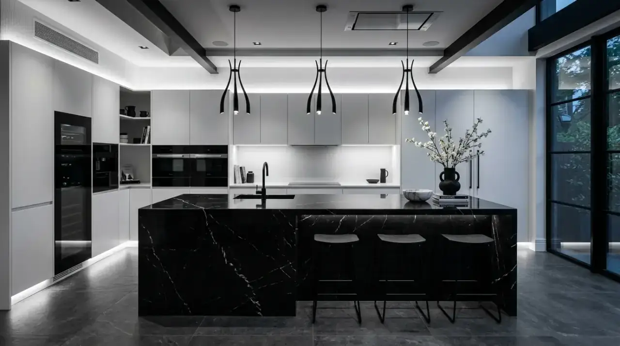 Lighting in black white kitchen. Modern black and white kitchen shaped by careful lighting design.