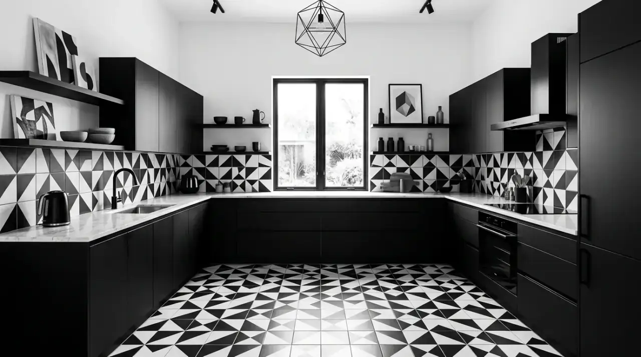 Geometric black white kitchen. Classic black and white kitchen emphasizing clean modern geometry.