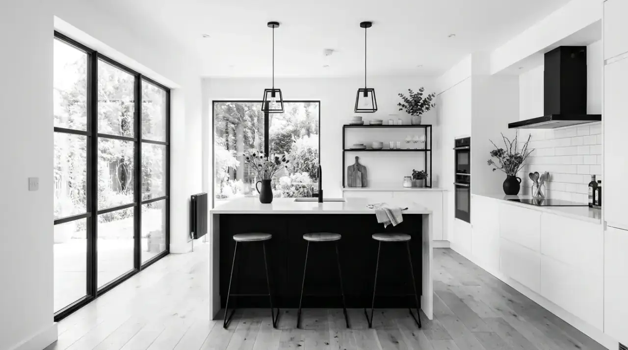 Black and white kitchen overview. Classic black and white kitchen ideas for a warm modern interior design.