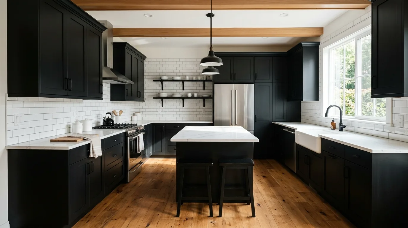 Classic black and white kitchen with matte black cabinets, glossy white backsplash, and warm oak flooring.