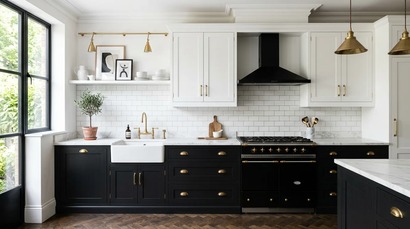 Elegant black and white kitchen with brass accents. White marble counters, black lowers, white uppers, and bright daylight.