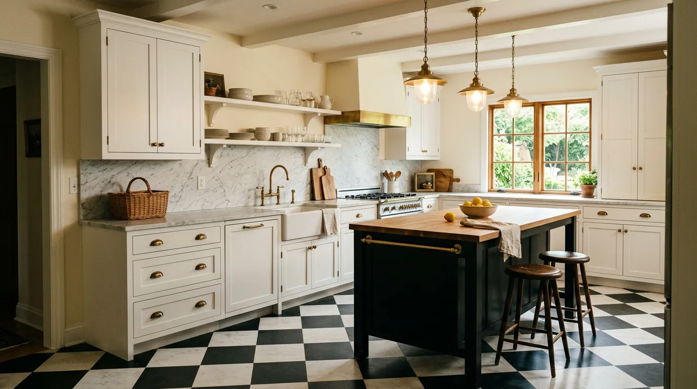 Black and white kitchen with checkerboard floor. White cabinets, black island, marble backsplash, and vintage pendants.