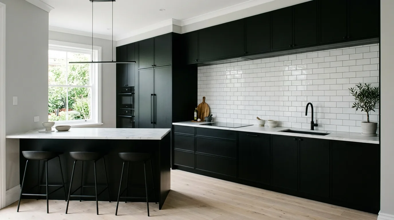 Minimal black cabinets with white stone countertops. Full-height white tile backsplash, integrated appliances, and gray walls.
