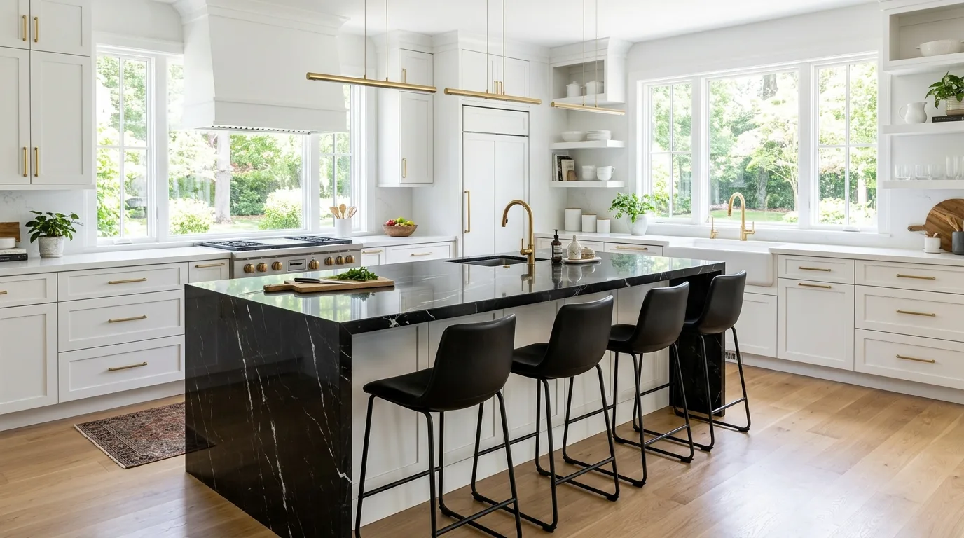 White kitchen with black marble waterfall island. Gold fixtures, sleek stools, bright windows, and polished surfaces.