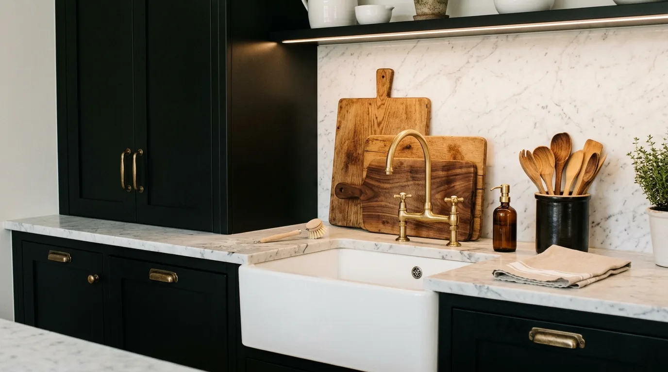 Black shaker cabinets with white farmhouse sink. Marble backsplash, wood accents, and warm ambient lighting.