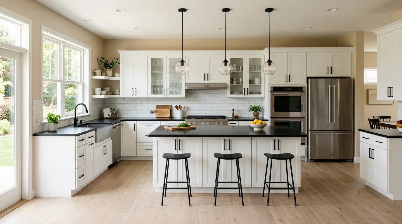 White cabinets with black hardware and black quartz counters. Stainless appliances, beige undertones, and natural sunlight.