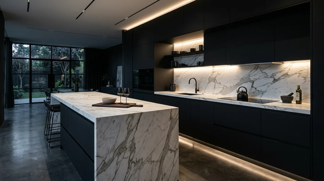 Dramatic black kitchen with white marble backsplash. Minimalist cabinets, recessed lighting, and high-end contrast styling.