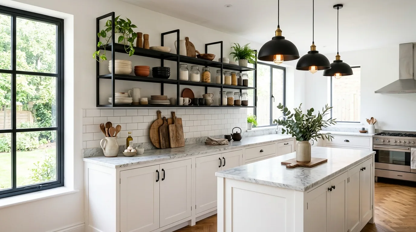White kitchen with black open shelving. Marble counters, black pendants, wood boards, and bright daylight.