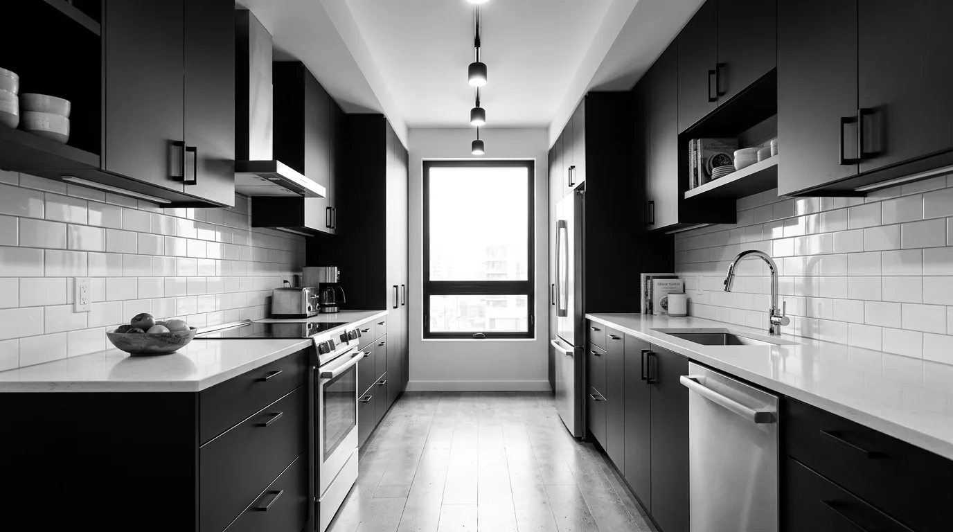 Black and white galley kitchen. Symmetrical layout, glossy white tiles, matte black cabinets, and stainless appliances.