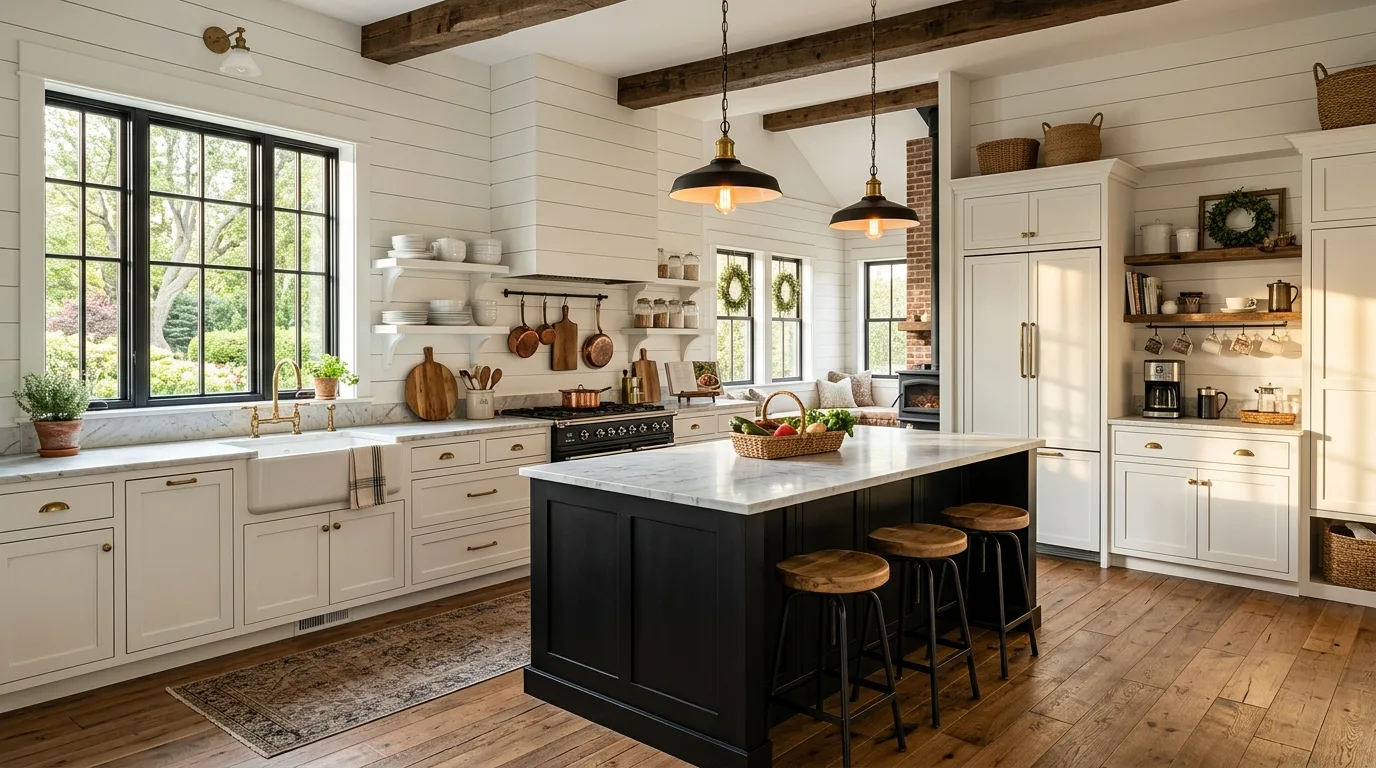 Farmhouse-style black and white kitchen. White shiplap walls, black island, marble counters, and rustic wood accents.